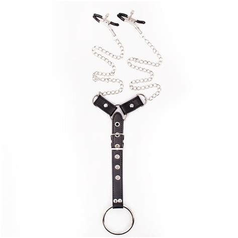 Dominator Faux Leather Nipple Clamp And Cock Ring Chain Harness Love Toys
