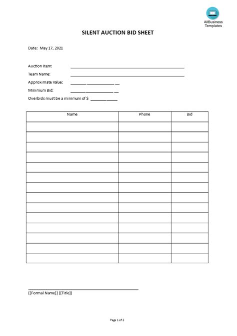 Silent Auction Sheet Templates At