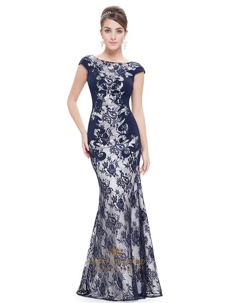 Elegant Navy Blue Mermaid Lace Prom Dress With Cap Sleeves Fancy