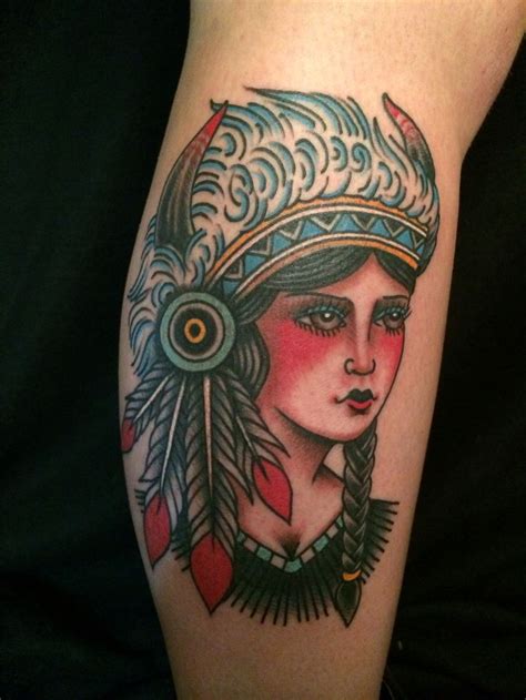 Traditional Indian Girl Tattoo On My Calf Or Native American Lady Head