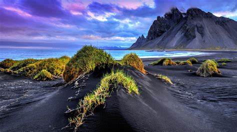 Black Sand Beach Iceland Sea Mountain Cliff Grass