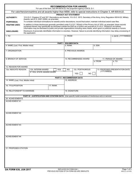 Army Da Form 638 Fillable Pdf Printable Forms Free Online
