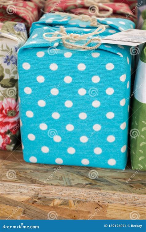 Gift Box Wrapped With Blue Paper With White Dots Stock Photo Image Of