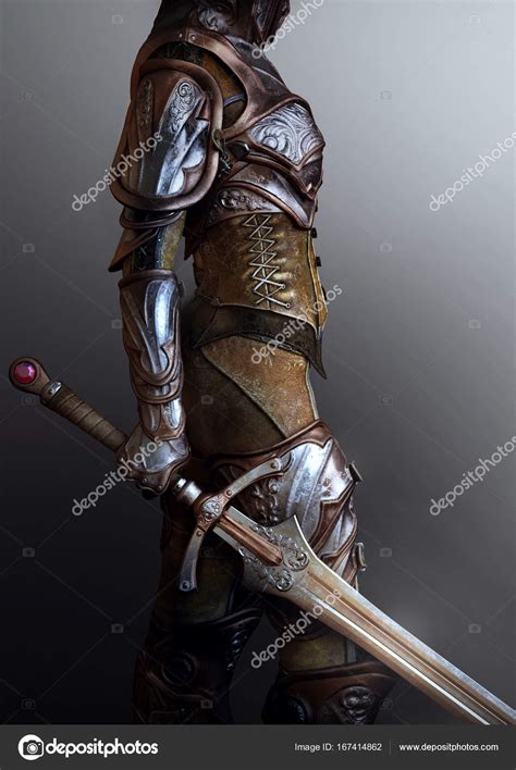 Knight In Fantasy Medieval Plate And Leather Armor Closeup Stock Photo