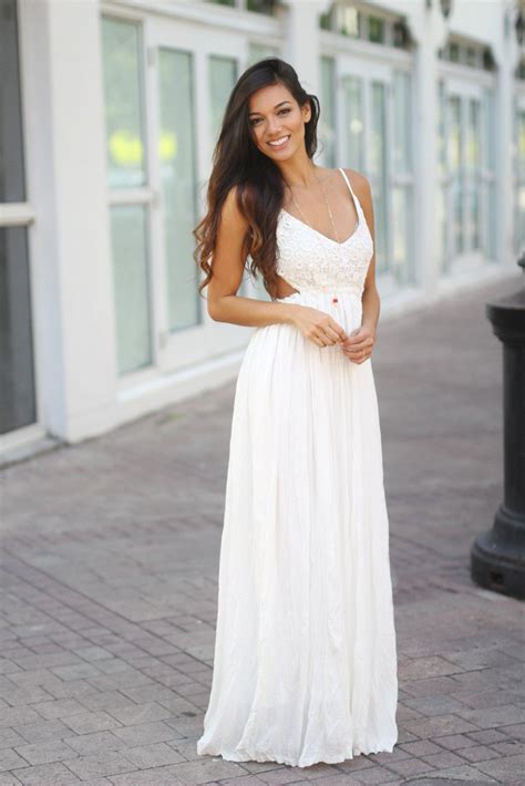 White Lace Maxi Dress With Open Back And Frayed Hem Maxi Dresses