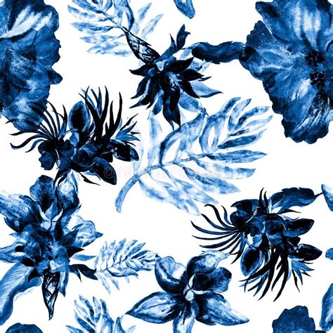 Azure Watercolor Wallpaper Blue Flower Palm Navy Seamless Set Cobalt