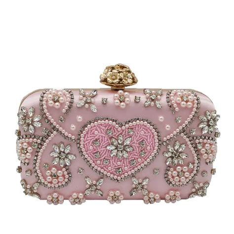 Boutique De Fgg Vintage Pink Beaded Clutch Women Evening Bags Heart