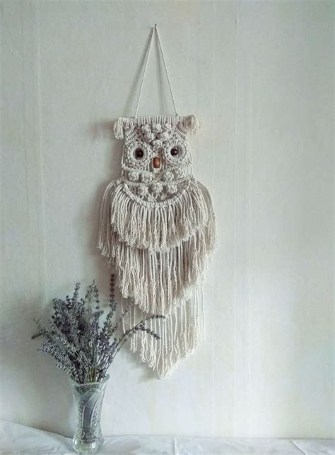 Owl Macrame Wall Hangings Decor Art Handmade Bohoowl White Etsy Macrame Patterns Macrame