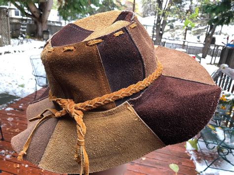Vintage Leather Hippie Hat Brown Suede Patchwork 1970s Retro Hipster
