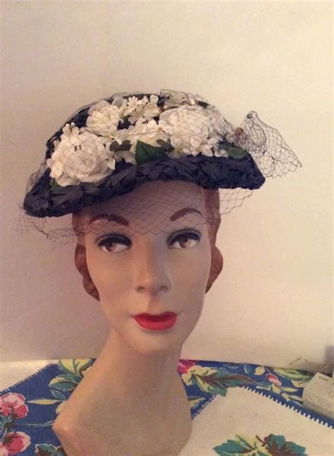 Vintage 1930s Hat Black Straw Flowers Veiling Etsy 1930s Hats