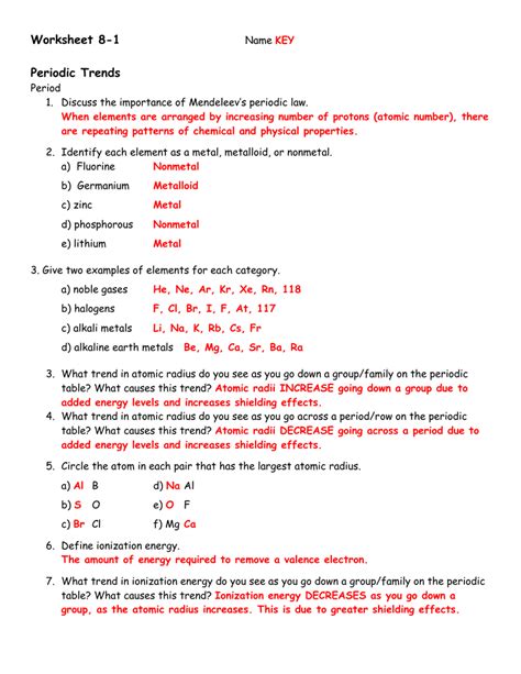 The periodic table is so named because similar patterns repeat, or appear periodically, throughout the table. Chemistry Periodic Table Trends Worksheet - Periodic Table ...