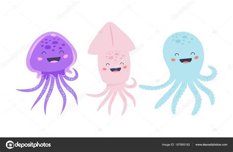 Vector Adorable Octopus Squid Jellyfish Characters Set — Stock Vector