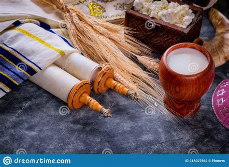 Jewish Holiday Shavuot For Kosher Dairy Food On Torah Scroll And Tallis