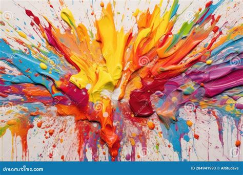 Paint Splashes On White Canvas Vibrant Colors Mixing Stock Image