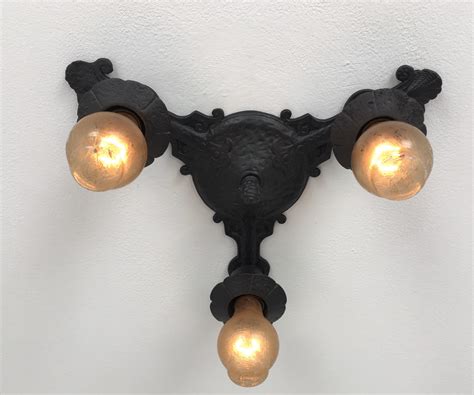 1909 Gothic Medieval Antique Flush Mount Light Fixture 3 Bulb Cast