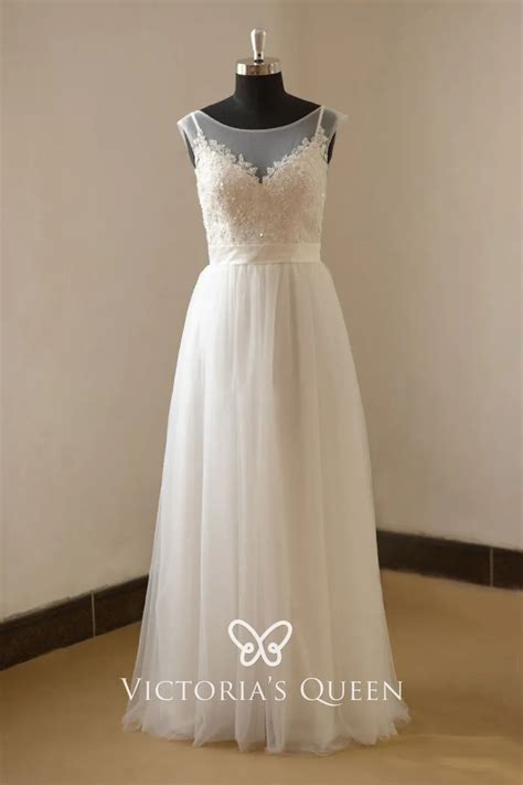 Simple Ivory Lace And Tulle A Line Long Wedding Dress Vq