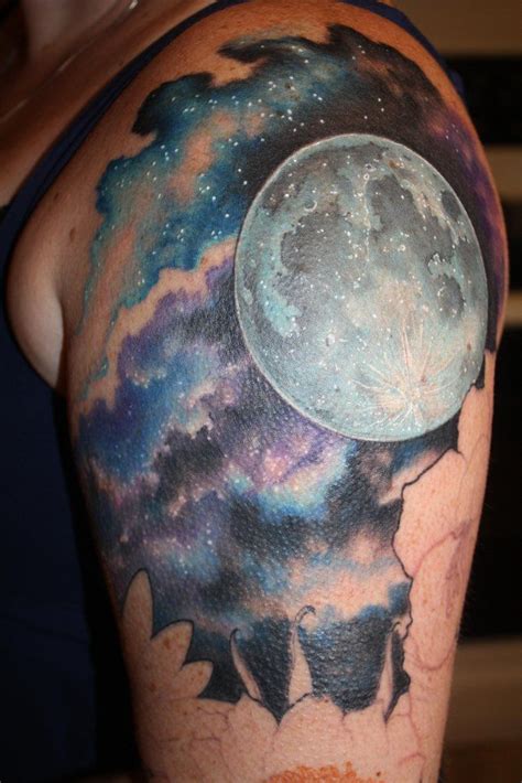 #tattoo #watercolor tattoo #moon tattoo #arm tattoo #baam.kr. Leah Sleeve | Sky tattoos, Night sky tattoos, Realistic moon tattoo