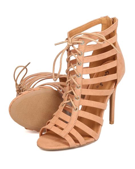 New Women Qupid Ara 168 Faux Suede Peep Toe Lace Up Strappy Cage