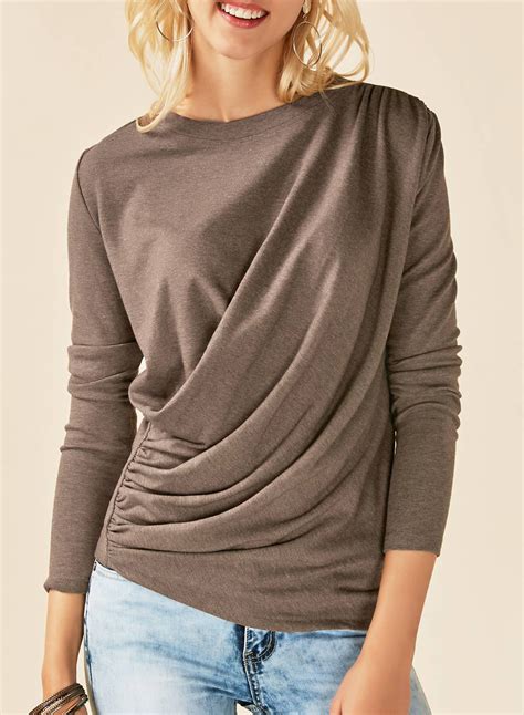 Solid Round Neck Long Sleeve Ruffle Knit Tee Shirt - STYLESIMO.com