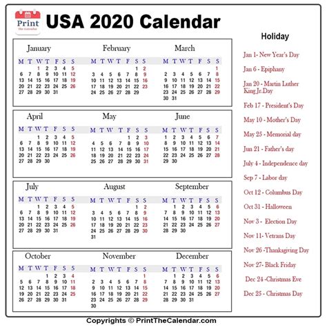 Us Calendar 2020 With Us Public Holidays