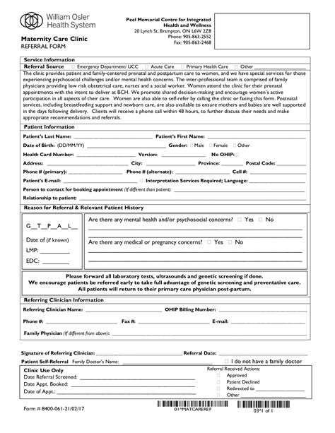 William Osler Health System Maternity Care Clinic Referral Form Cloud