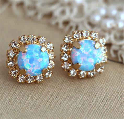Opal Blue Earringssky Blue Opal Stud Earrings Crystal Etsy