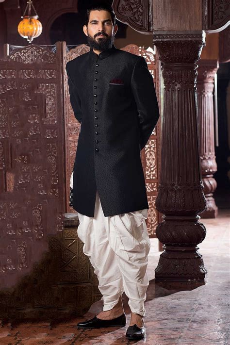 Samyakk Black Silk Solid Jodhpuri Sherwani Mens Indian Wear Mens Ethnic Wear Indian Groom Wear