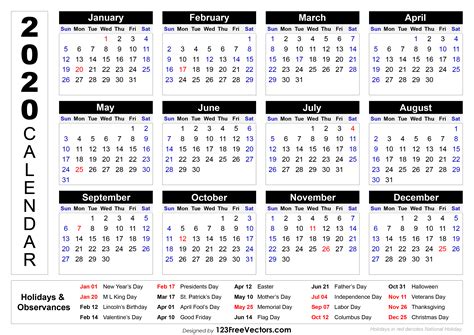 Free 2020 Printable Calendar With Holidays