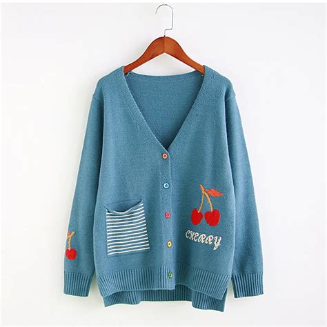 Fh Cherry Jacquard Female V Neck Cardigan Sweater Mori Girl Autumn Winter 2018 In Cardigans From