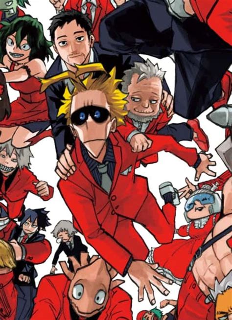 An Anime Poster With Many People In Red Suits And One Is Holding His Arm Around The Other