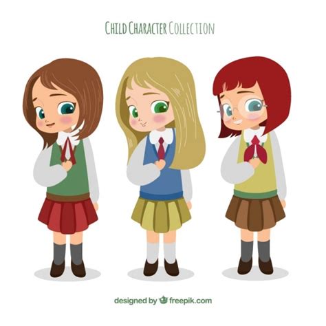 Set De Adorables Chicas Con Uniforme De Colegio Dibujadas A Mano