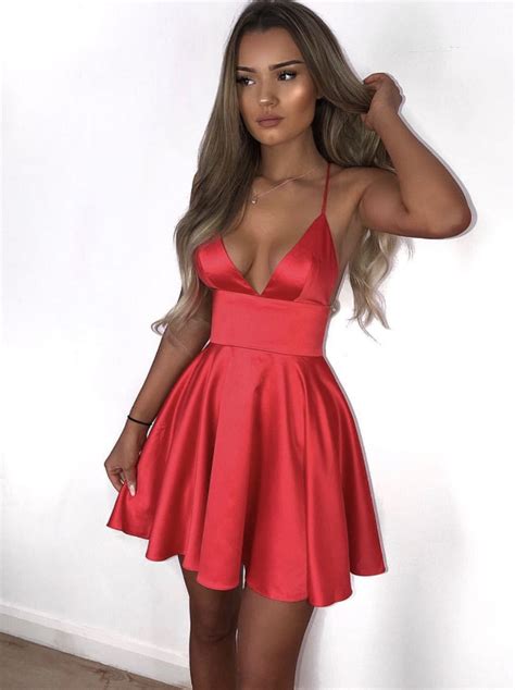spaghetti straps deep v neck red short prom dress cocktail dresses · shedress · online store