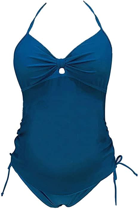 Womens Solid Color Maternity Swimwear Halter Tankini Two Piece Pregnancy Bathing Swimsuit