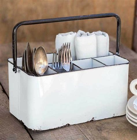 White Kitchen Utensil Holder Caddy Distressed Farmhouse Chic Tabletop