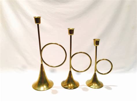 Set Of Brass Horn Candlesticks Vintage Horn Trumpet Candlesticks