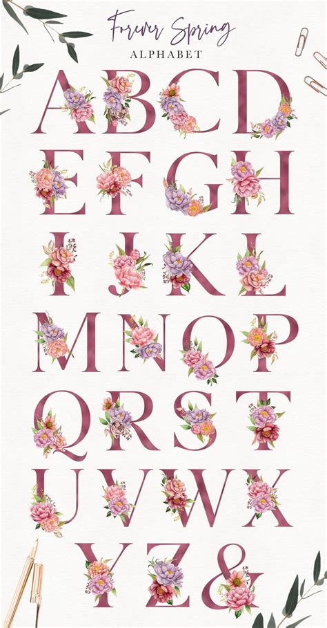 The Upper And Lower Letters Are Decorated With Watercolor Flowers