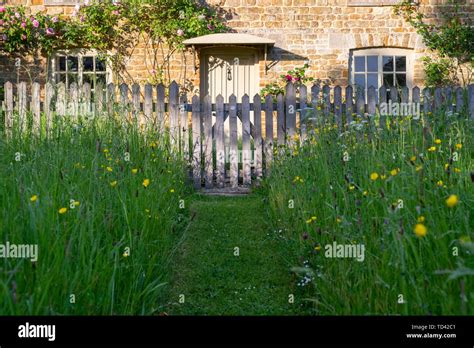Mown Path Through Long Grass To A Cotswold Stone Cottage Wyck