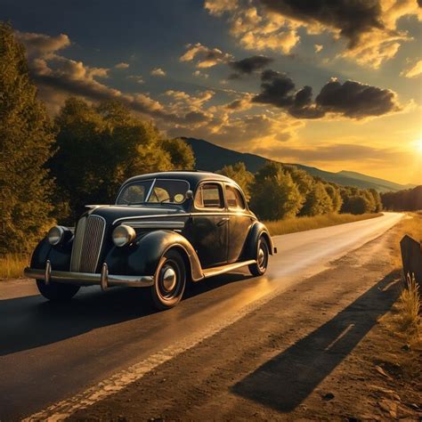 Premium Photo The Vintage Car And Sunset