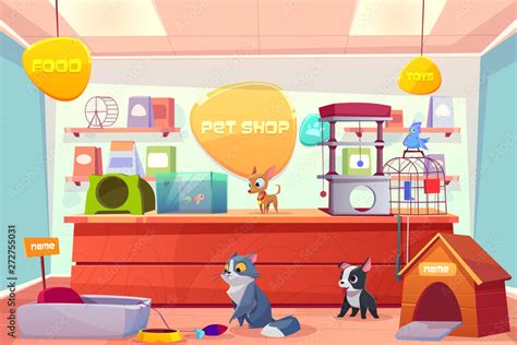 Pet Shop With Home Animals Store Interior With Cat Dog Puppy Bird