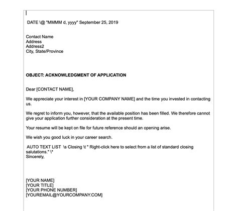 Acknowledgment Letter For Job Application