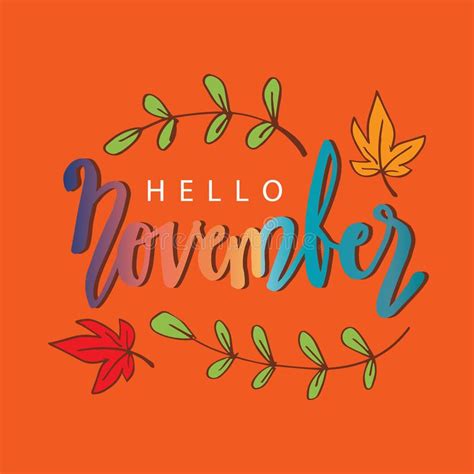Hello November Hand Lettering Text On Polygon Vector Wreath With Autumn