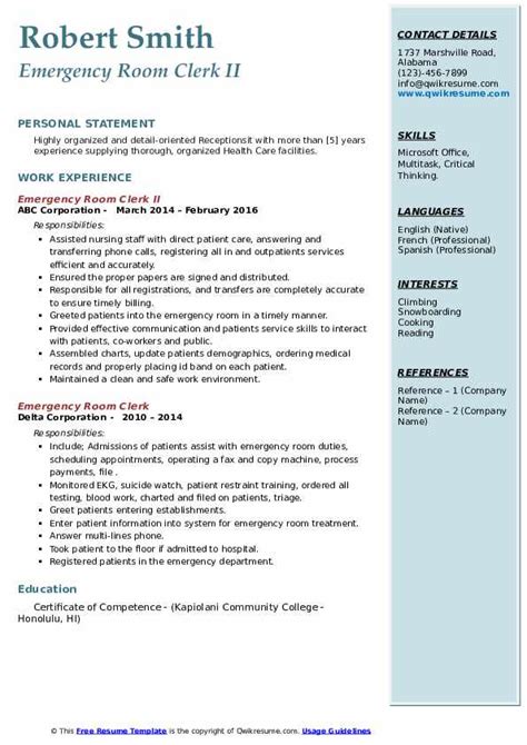 Premium resume templates & samples you can. Emergency Room Clerk Resume Samples | QwikResume