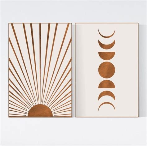 Sun And Moon Phases Art Print Bohemian Decor Set Of 2 Burnt Etsy