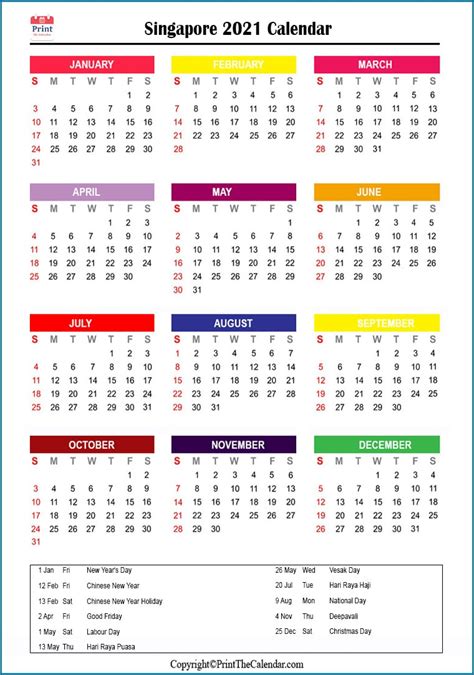 Singapore Calendar 2021 With Singapore Public Holidays