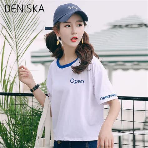 Deniska New Summer Korean Style Womens Tops Harajuku Letters Embroidery Cute T Shirt Women Short