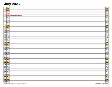 July 2023 Calendar Excel Printable Daily Planner Pelajaran