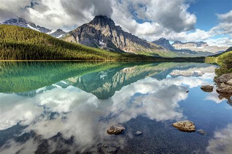 Mount Chephren In The Clouds Of The Reflection Of Waterfowl Lake