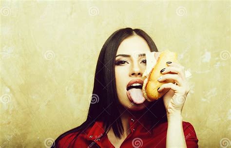 Hungry Pretty Brunette Woman Eats Big Sandwich Or Burger Stock Image Image Of Diet Textured