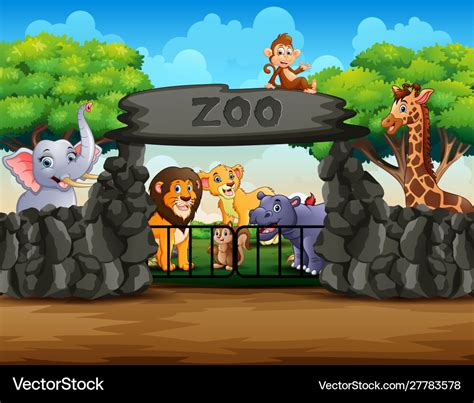 Zoo Entrance Outdoor View With Different Cartoon Vector Image