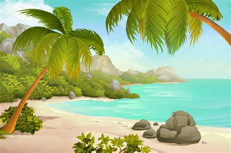Tropical Beach With Palms Vector ~ Illustrations ~ Creative Market